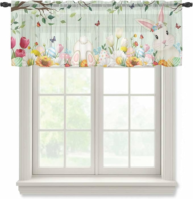 Easter Sheer Valances for Windows 42"x12", Light Filtering Kitchen Curtains by Unknown