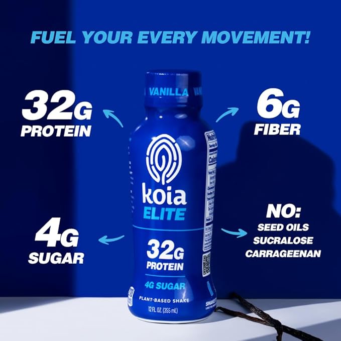 Koia Elite Plant Based Protein Shake, Vanilla, 32g Protein, 4g Sugar, 6g Prebiotic Fiber, Pre & Post Workout Nutritional Drink, No Seed Oils, Dairy-Free, Gluten-Free, Non-GMO, 12 Fl Oz (Pack of 12)-FlexoryFit