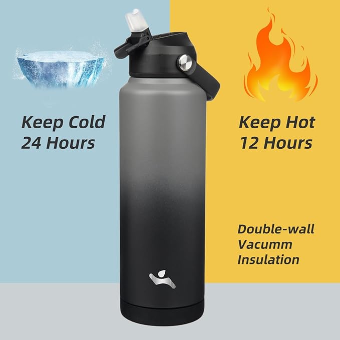 Insulated Water Bottle with Straw Lid,40 oz Stainless Steel Vacuum Metal Bottle with Silicone Handle,Gray Black-FlexoryFit