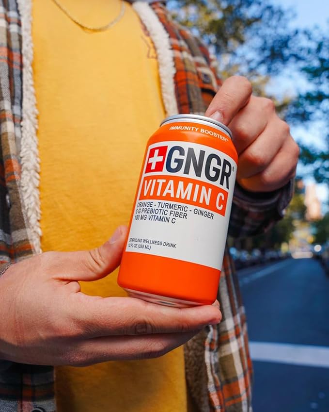 '+GNGR Sparkling Vitamin C Prebiotic Drink - Caffeine free - 5g Prebiotic Fiber - Orange Juice - Ginger Juice - Turmeric - Acerola - Apple Cider Vinegar - Prebiotic Soda - Immunity (12 oz - 12 Pack)-FlexoryFit