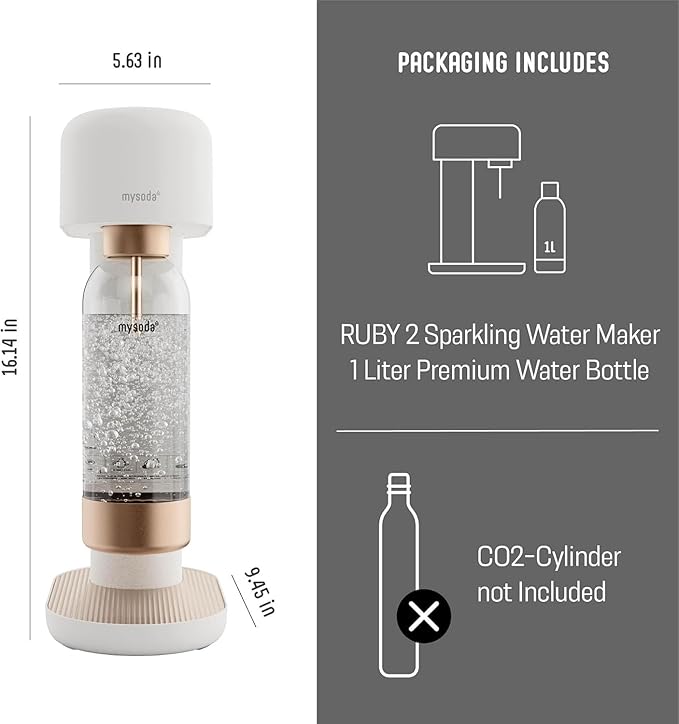Ruby 2 Sparkling Water Maker - Soda Streaming Machine Silent Carbonated Water Machine Robust Long-Lasting Aluminium Soda Maker 1L Water Bottle Without CO2 Cylinder - White Copper Soda Machine