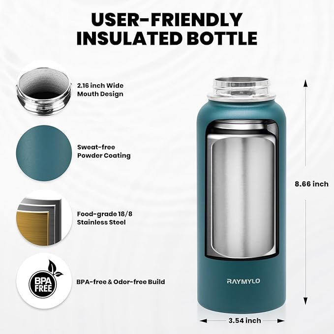 Insulated Water Bottle 32 oz, Triple Wall Vacuum Stainless Steel (Cold for 48 Hrs), Leak Proof & Non-BPA, Modern Water Flask Jug with Paracord Handle & Straw Spout Lids, Dark Green-FlexoryFit