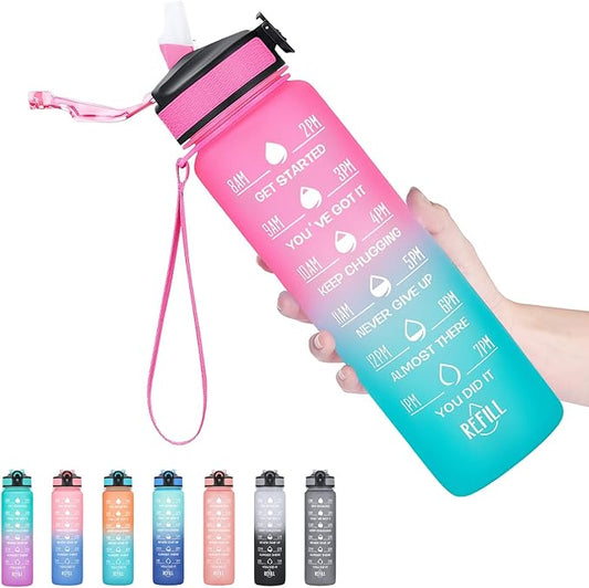 Hyeta 32 oz Water Bottles with Times to Drink and Straw, Motivational Water Bottle with Time Marker, Leakproof, Drinking Sports Water Bottle for Fitness, Gym and Outdoor-FlexoryFit