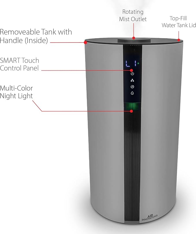 Air Innovations AI-104 Ultrasonic Cool Mist Humidifier for Large Bedroom – Quiet Cool Diffuser with 3.5L Tank, 35-Hour Runtime, Auto Shut-Off, Top-Fill Design – Ideal for Home, Baby, & Plant Rooms