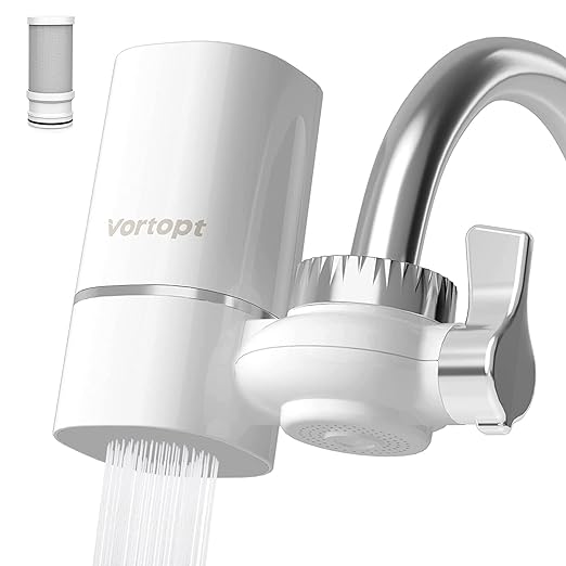 Faucet Water Filter for Sink, Rapid Flow - 400 Gallons Faucet Mount Water Filtration System for Tap Water, NSF Certified Reduces Chlorine & Bad Taste with 1 Replacement (White-T1-1Filter)