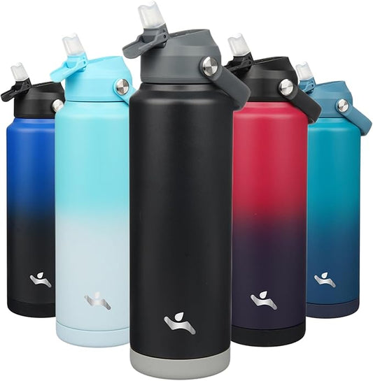 Insulated Water Bottle with Straw Lid,40 oz Stainless Steel Vacuum Metal Bottle with Silicone Handle,Black-FlexoryFit
