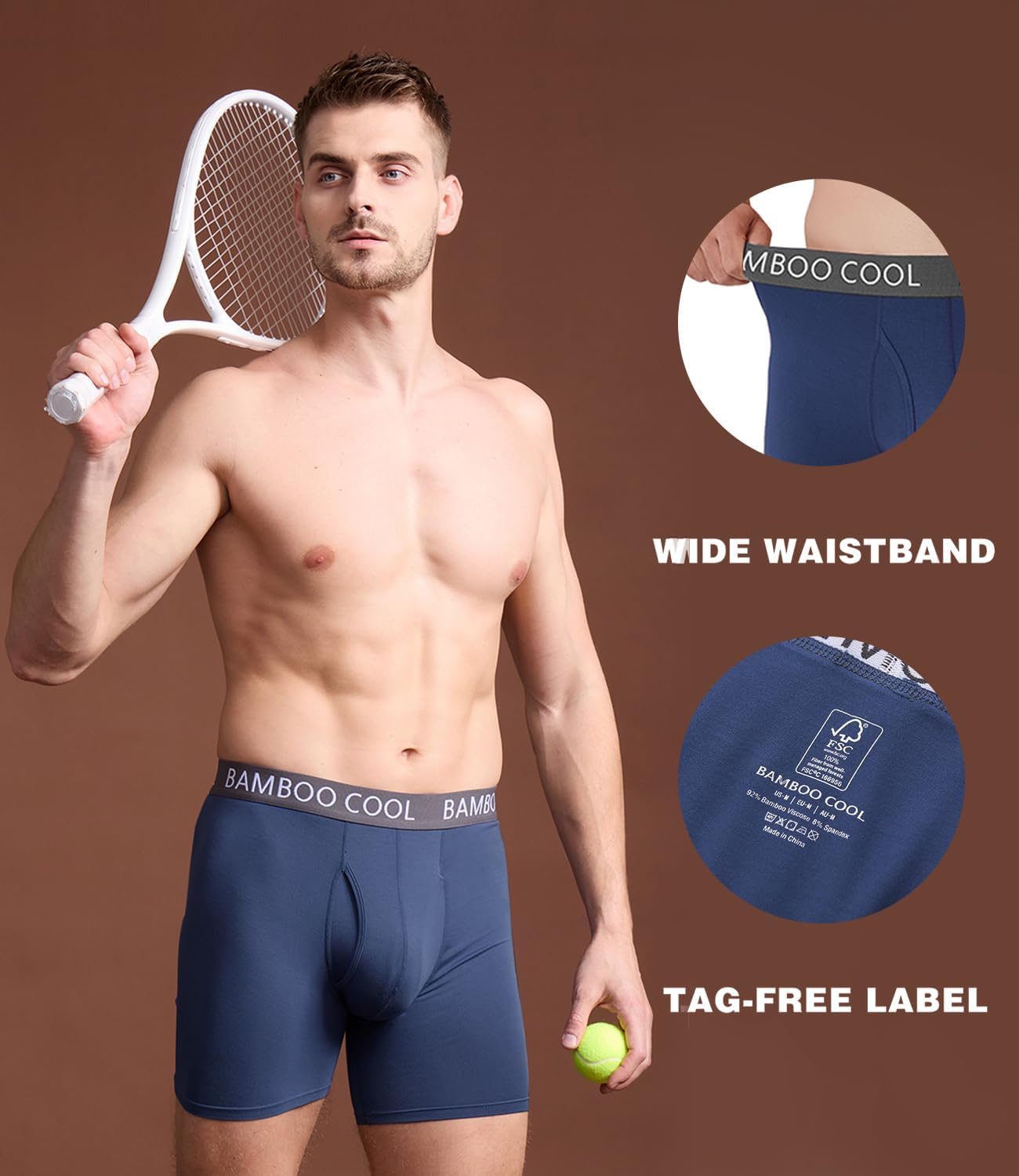 BAMBOO COOL Men's Ultra ComfortSoft Underwear, Moisture Wicking & Breathable No Ride Up Boxer Briefs with Fly, Multipack