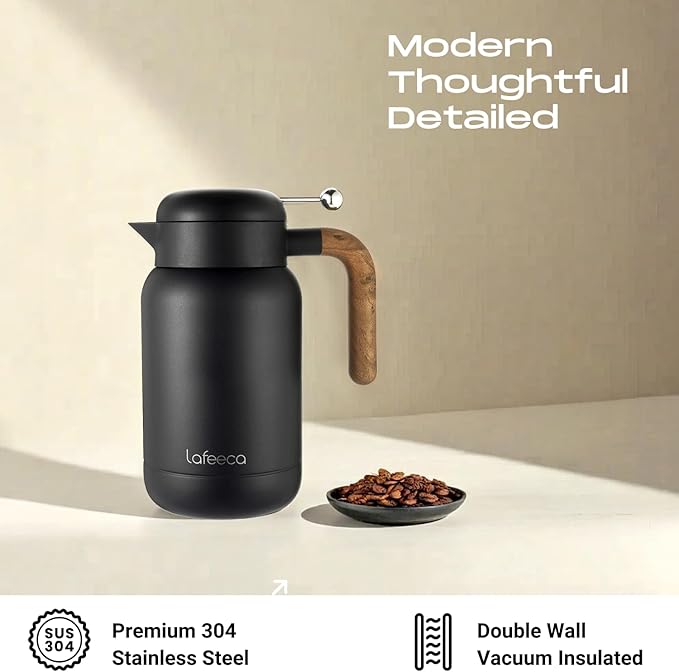 Aura Thermal Coffee Carafe - Vacuum Insulated Stainless Steel Tea Pot & Water Pitcher, Keeps Drinks Hot or Cold, BPA-Free, Beverage Dispenser Thermos - 51 oz Black