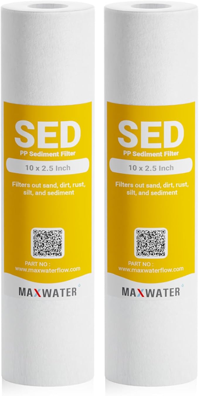Max Water 10 inch x 2.5 inch, 1 Micron Replacement Sediment Water Filter Cartridge for Whole House, Melt Blown Filtration Fiber for Heavy Duty (Pack of 2)