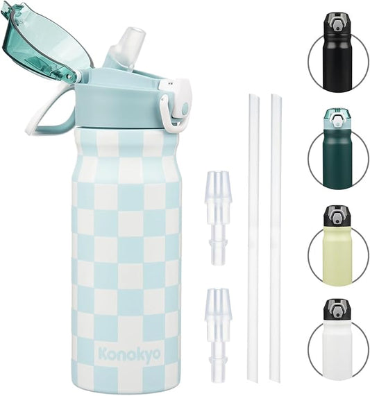 Insulated Water Bottle with Straw and Carry Loop,18 oz Stainless Steel Double Wall Vaccum Metal Water Flask with Leak-proof Lid,Blue White Plaid-FlexoryFit
