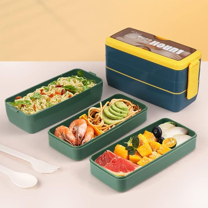 Iteryn Bento Box Lunch Box, 3-In-1 Compartment Containers - Wheat Straw, Leakproof Eco-Friendly Stackable Bento Lunch Box Meal Prep-FlexoryFit