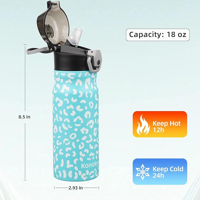Insulated Water Bottle with Straw and Carry Loop,18 oz Stainless Steel Double Wall Vaccum Metal Water Flask with Leak-proof Lid,Blue Leopard-FlexoryFit