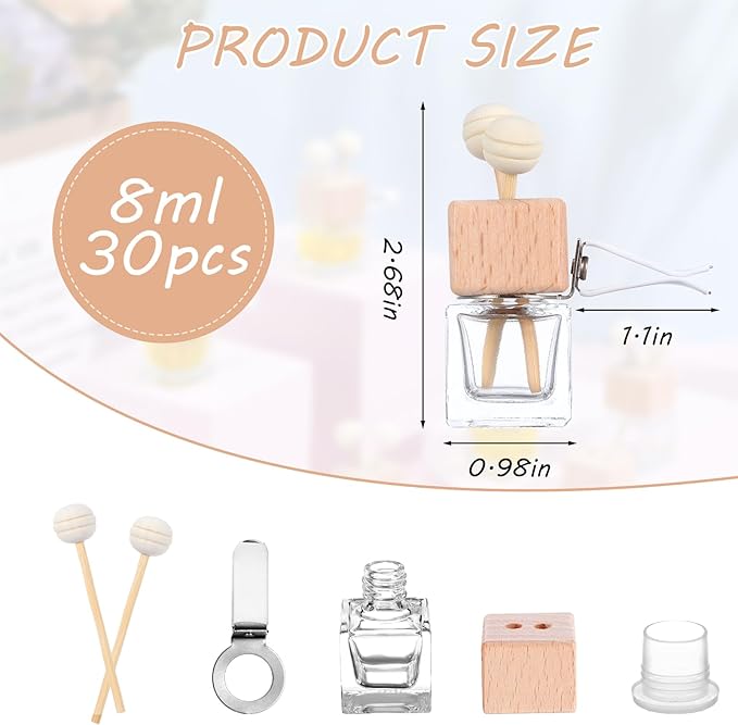 30 Pack Car Diffuser Air Freshener Bottle Empty Car Essential Oil Diffuser Auto Glass Perfume Diffuser Bottle with Vent Clip Wooden Caps Stick Fragrance Ornament