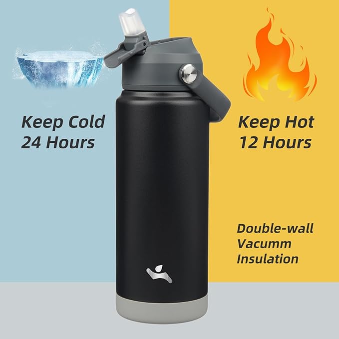 Insulated Water Bottle with Straw Lid,24 oz Stainless Steel Vacuum Metal Bottle with Silicone Handle,Black-FlexoryFit