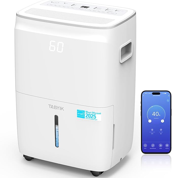 TABYIK 4500 Sq.Ft Most Efficient Energy Star 2025 Dehumidifier, Max 80 Pint/Day (Standard 60 Pint/Day) Smart WiFi Dehumidifier with Pump Drain Hose & Auto Humidity Control, for Basement, Home