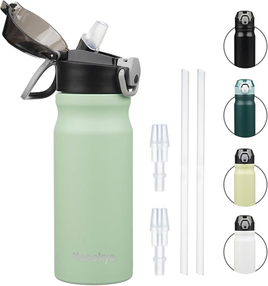 Insulated Water Bottle with Straw and Carry Loop,18 oz Stainless Steel Double Wall Vaccum Metal Water Flask with Leak-proof Lid, Avocado Green-FlexoryFit