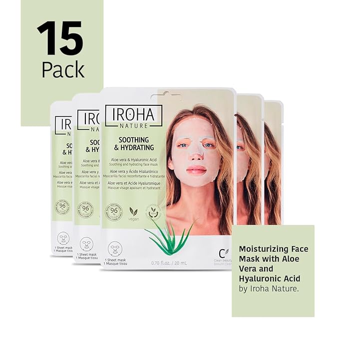 IROHA NATURE Comforting & Hydrating Tissue Face Mask with Aloe Vera | 15 Pieces | Aftersun Effect | 96% Natural Ingredients-FlexoryFit