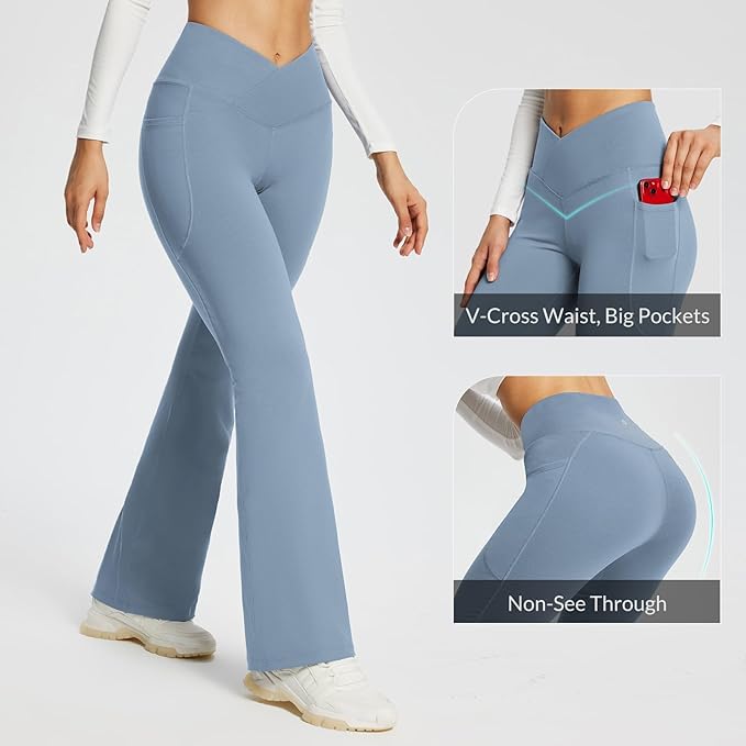 baleaf Women's V Crossover Flare Leggings with Pockets Yoga Pants High Waist Casual Workout Gym Bell Bottom Leggings-FlexoryFit