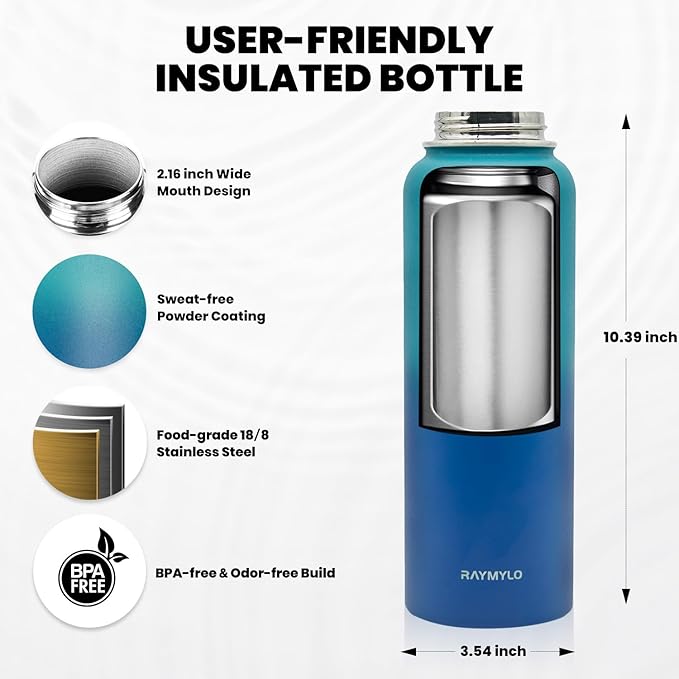 Insulated Water Bottle 40 oz, Triple Wall Vacuum Stainless Steel (Cold for 48 Hrs), Leak Proof & Non-BPA, Modern Water Flask Jug with Paracord Handle & Straw Spout Lids, Cyan Blue-FlexoryFit