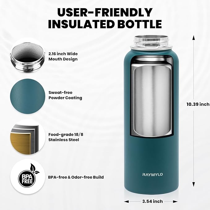 Insulated Water Bottle 40 oz, Triple Wall Vacuum Stainless Steel (Cold for 48 Hrs), Leak Proof & Non-BPA, Modern Water Flask Jug with Paracord Handle & Straw Spout Lids, Dark Green-FlexoryFit