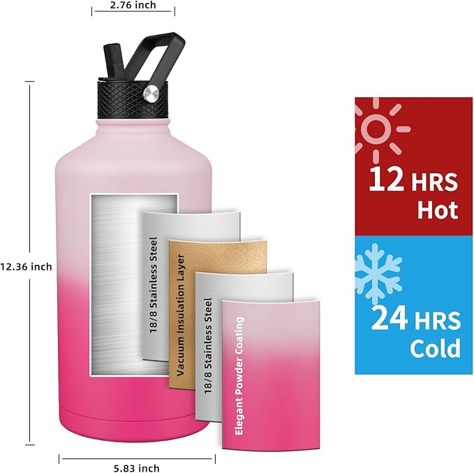 Insulated Water Bottle 64oz,Triple Wall Vacuum Stainless Steel(Dishwasher Safe),Leak Proof & Non-BPA,Flask Jug with Paracord Handle & Straw Spout Lids Sports-FlexoryFit