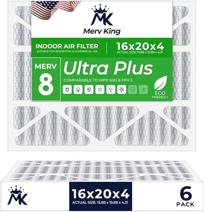 MervKing 16x20x4 Air Filter Actual Size: 15.88" x 19.88" x 4.31" MERV 8 MPR 600-700 | MADE IN USA | 6-Pack | Pleated HVAC AC Furnace Replacement