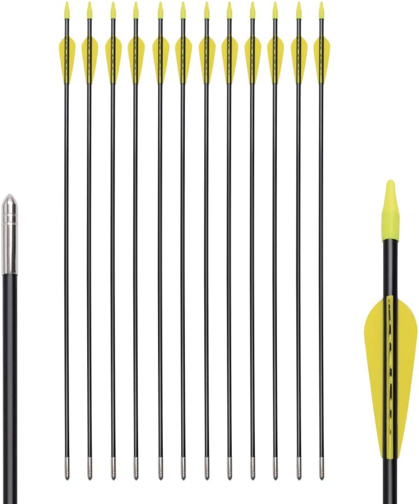 6875 Fiberglass Arrows Archery 24/26/28/30Inch Target Shooting Safetyglass Recurve Bows Suitable for Youth Children Woman Beginner (tigerspot Yellow Vanes)