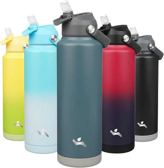 Insulated Water Bottle with Straw Lid,40 oz Stainless Steel Vacuum Metal Bottle with Silicone Handle,Dark Gray-FlexoryFit