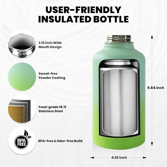 Insulated Water Bottle 64 oz, Triple Wall Vacuum Stainless Steel (Cold for 48 Hrs), Leak Proof & Non-BPA, Half Gallon Water Flask Jug with Paracord Handle & Straw Spout Lids-FlexoryFit