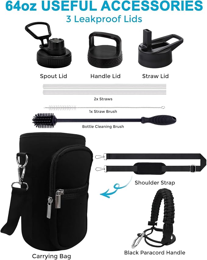 Travel Water Bottle with Carrying Bag, 3 Lids (Spout, Straw, Handle), and Bottle Brush; Leak Proof, Quality, Vacuum Insulated, Stainless Steel (Black, 64 oz)