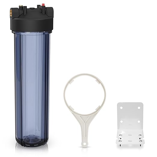 Max Water Whole House 20" x4.5" Purple Clear WH Water Filter Housing 1 inch Inlet/Outlet Ports with Wrench and Bracket (1 Housing)