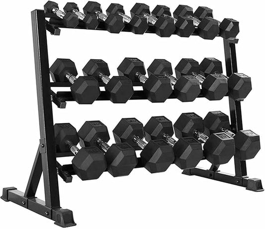 6-10 Pair Iron and Rubber Dumbbell Set 350/450 and 550 lbs 5-50 lbs Hand Free Weight for Strength Hex Coated Weights with Vertical Storage Rack Home Gym 5-50 lb - Black-FlexoryFit