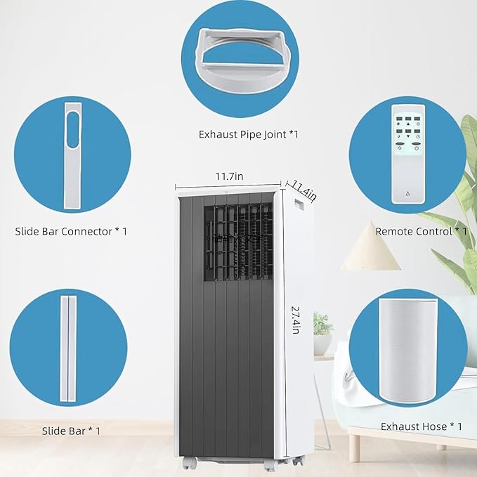 8000 BTU Portable Air Conditioner for Rooms up to 350 Sq.Ft, 3-in-1 Cooling, Dehumidifier & Fan with Quiet Operation, Efficient Cooling, Sleep Mode, 24-Hour Timer & Remote Control, Dark grey