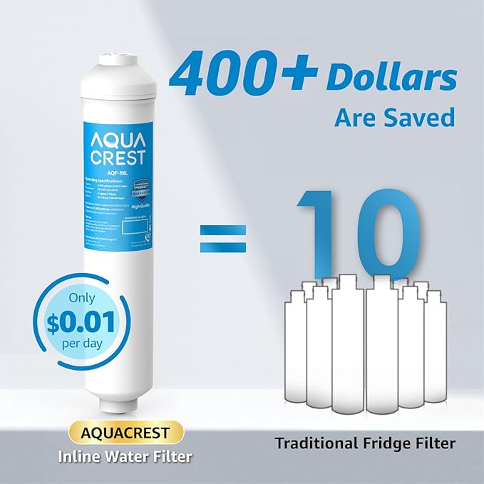 AQUA CREST 5 Years Capacity -Inline Water Filter for Refrigerator with 1/4-Inch Direct Connect Fittings, Idea for Ice Maker, RV, Refrigerator, RO System, In Line Water Line Filter, Reduces PFAS/PFOA