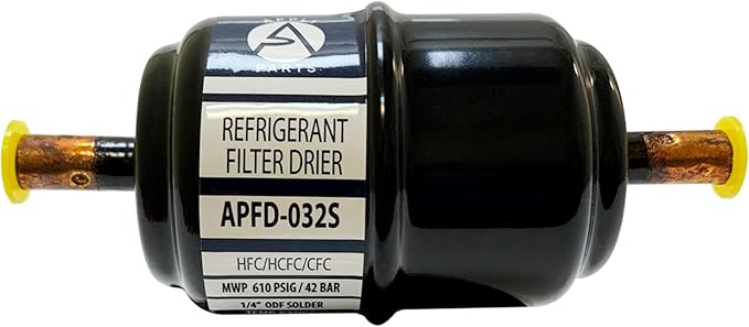 Appli Parts APFD-032S 1/4 in Liquid Line Refrigerant AC Filter Drier hvac Refrigeration 032S ODF Sweat Solder connection universal unidirectional 4-1/2 in long 1-3/4 in wide