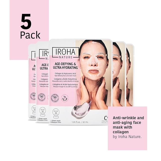 IROHA NATURE Face Masks - Packs for Better Skin (Pack of 5, Anti-Aging Face & Neck Tissue Mask with Collagen (96% Natural Ingredients))-FlexoryFit