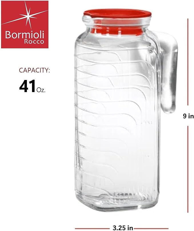 Bormioli Rocco Gelo 41 Oz Glass Pitchers with Lid - Set of 2 Carafe for Homemade Juice, Iced Tea, Milk, Cold Brew, Lemonade - Durable & Dishwasher Safe Pitcher, BPA-Free - Made in Italy (Red Lid)