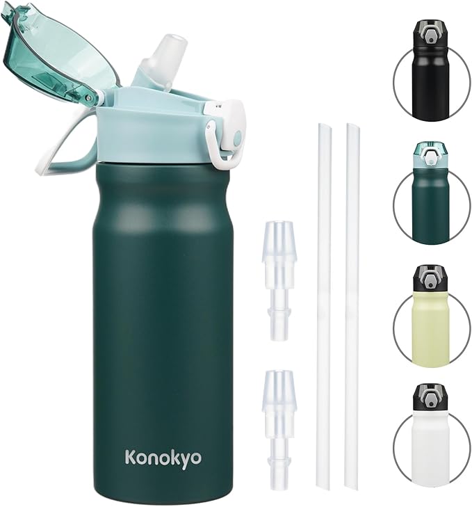 Insulated Water Bottle with Straw and Carry Loop,18 oz Stainless Steel Double Wall Vaccum Metal Water Flask with Leak-proof Lid,Dark Green-FlexoryFit