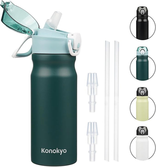 Insulated Water Bottle with Straw and Carry Loop,18 oz Stainless Steel Double Wall Vaccum Metal Water Flask with Leak-proof Lid,Dark Green-FlexoryFit