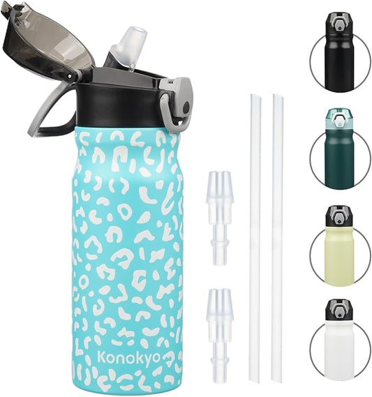 Insulated Water Bottle with Straw and Carry Loop,18 oz Stainless Steel Double Wall Vaccum Metal Water Flask with Leak-proof Lid,Blue Leopard-FlexoryFit
