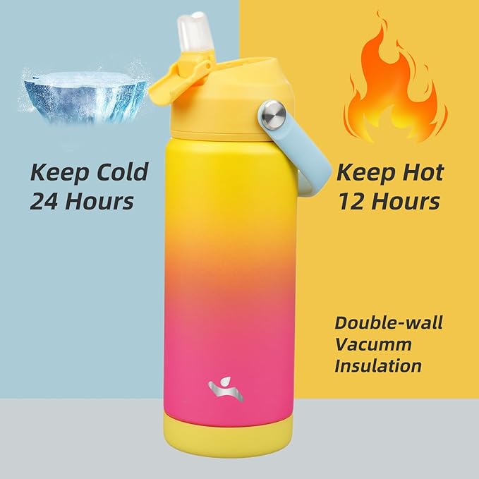 Insulated Water Bottle with Straw Lid,18 oz Stainless Steel Vacuum Metal Bottle with Silicone Handle,Rainbow-FlexoryFit
