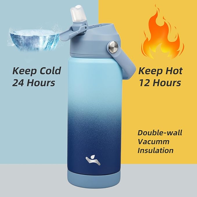 Insulated Water Bottle with Straw Lid,18 oz Stainless Steel Vacuum Metal Bottle with Silicone Handle,Sky-FlexoryFit