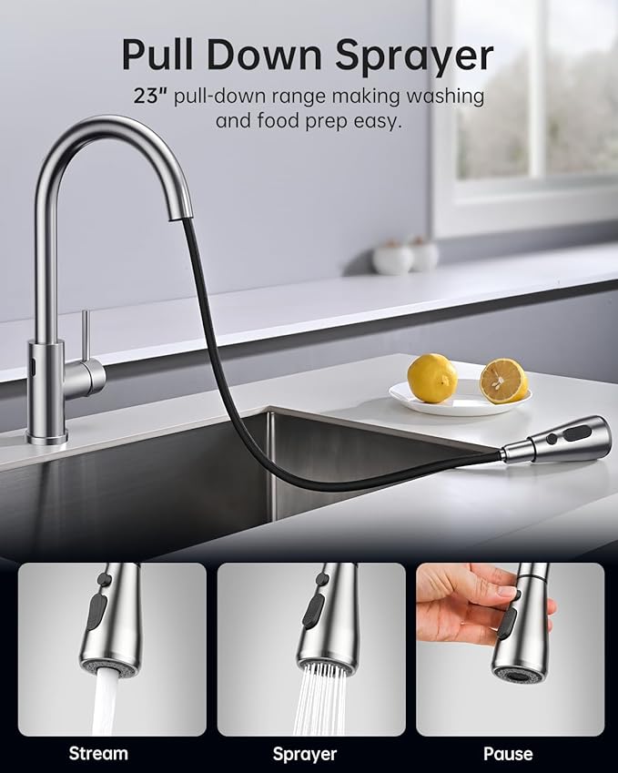 Touchless Kitchen Sink Faucet with Pull Down Sprayer, Stainless Steel Smart Motion Sensor Faucet for Pot Filler, Farmhouse Camper Bar Sink Laundry Room, Brushed Nickel