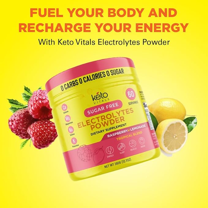 Keto Vitals Electrolytes Powder - Sugar Free Keto Electrolytes Powder with Potassium, Magnesium, Sodium, & Calcium - No Sugar Electrolyte Drink Mix & Hydration Powder, 60 Servings, Raspberry Lemonade-FlexoryFit