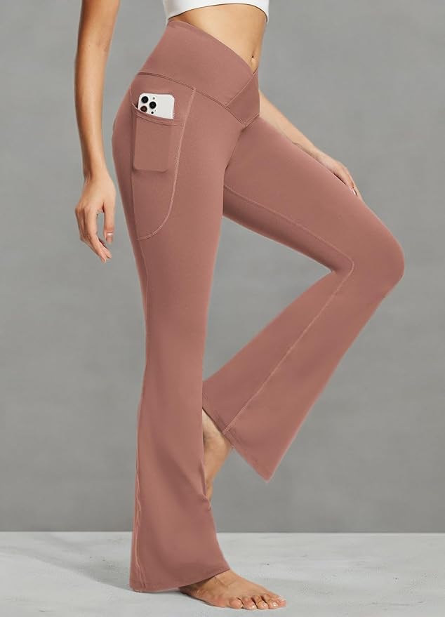 baleaf Women's V Crossover Flare Leggings with Pockets Yoga Pants High Waist Casual Workout Gym Bell Bottom Leggings-FlexoryFit