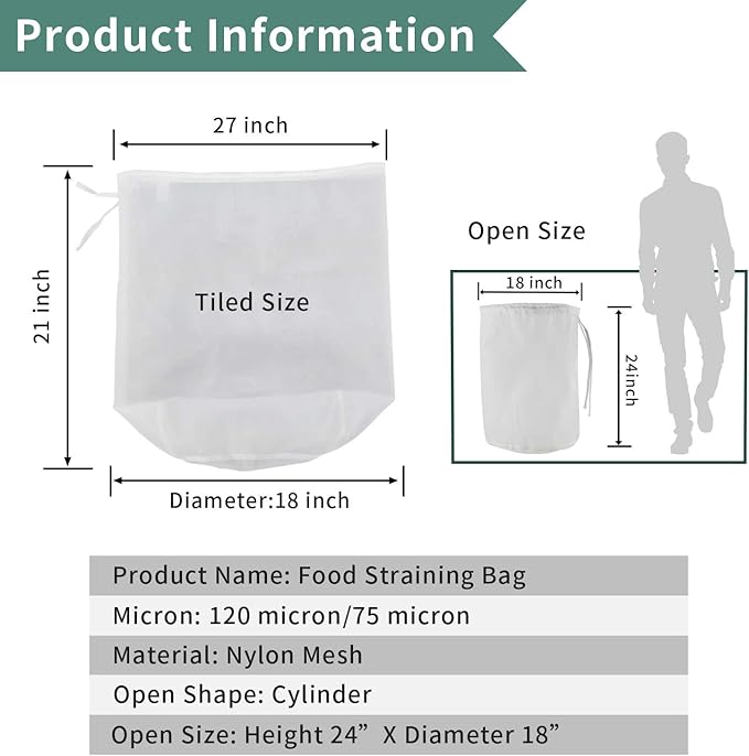 CONIE 120 Micron Reusable Drawstring Straining Brew in a Bag 18"x24" Large Fine Mesh Filter Bags Nut Milk Bag Herbal Essence Filter Bag