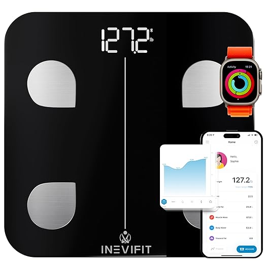 INEVIFIT Smart Body Fat Scale, Highly Accurate Bluetooth Digital Bathroom Body Composition Analyzer, Measures Weight, Body Fat, Water, Muscle, Visceral Fat & Bone Mass for Unlimited Users (Black)-FlexoryFit