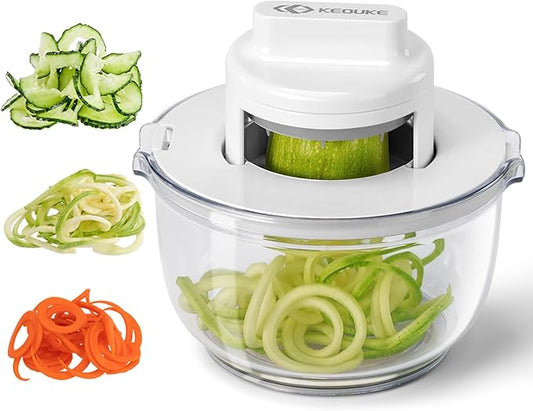 KEOUKE Vegetable Spiralizer & Zucchini Noodle Maker - 3 In 1 Adjustable Spiral Slicer with BPA-Free Plastic & Clear Bowl, Effortless for Cucumber, Potato, Carrot-FlexoryFit