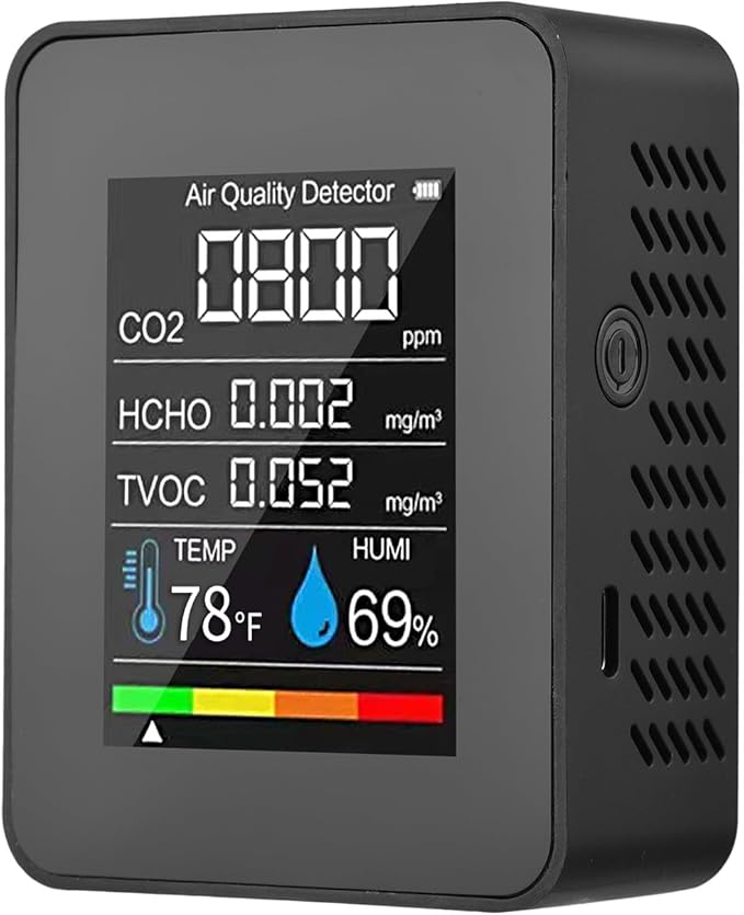 Prefessionall Indoor Air Quality Monitor, 5 in 1 Portable Smartair Quality Tester for CO2 | TVOC | HCHO | Temp | Hum for Home Cars Plants and Pets So On (Black)