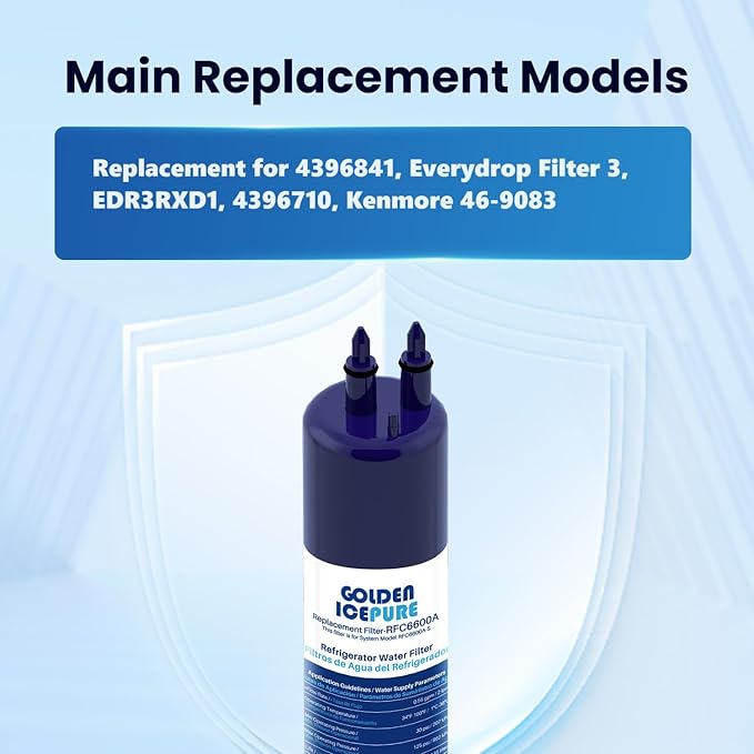 GOLDEN ICEPURE RFC6600A Compatible with 4396841 Refrigerator Water Filter, EDR3RXD1, KAD3RXD1, WHR3RXD1, 4396841, 4396710, Filter 3, 46-9083,46-9030